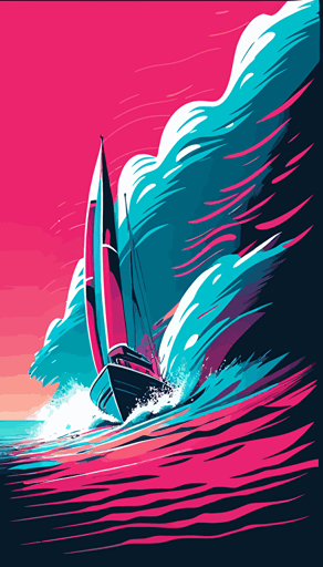 yacht on see, waves, flat abstract minimalistic vector style, vibrant neon colors, pink, light blue