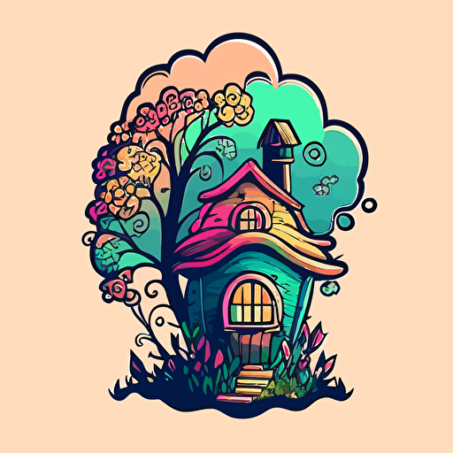 vector style, logo of a house. The top of the house is an attic bursting out from the building with a garden growing out of the top of the house. Cute cartoon, black outline colorful.