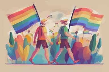two happy gays with lgbt flags on gay parade, flat vector grphic 2d