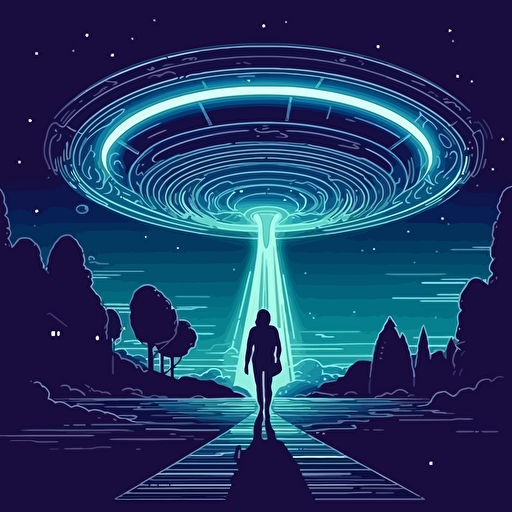 Alien Mothership, Big Blue Beam, abducting a person, at night, Vector Style