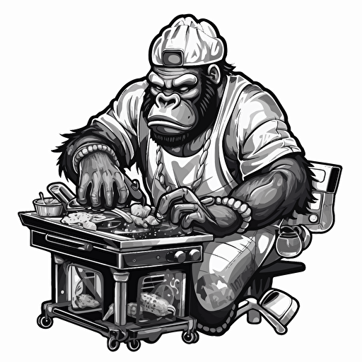 gorilla with a baseball cap and gold chain , cooking burgers on a chargrill wearing a keeper ring , in black and white vector style , twitch emote