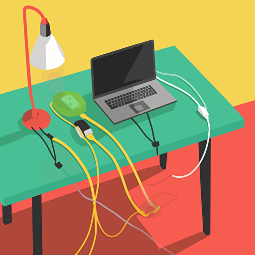 light and colorful vector image showing extension cords plugged into a a latop sitting on a desk