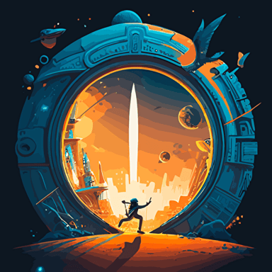 Vector art of a portal located in a planet leading to a high tech futuristic city and children on magical flying brooms entering the portal