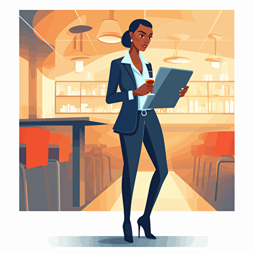 A vector image of a female executive with an ipad in one hand. Standing. Nice outfit. In a bar.