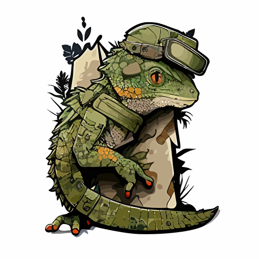 sticker design, lizard in army uniform with bandage, vector illustration