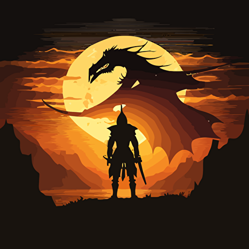 vector art of warrior standing in front of dragon, big sun behind and the dragon is silhouette