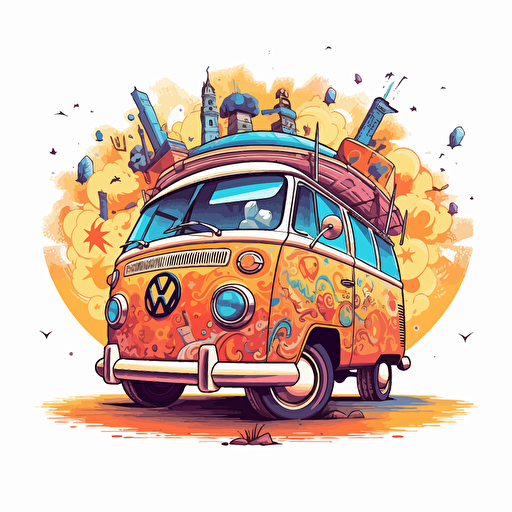 round up design with digital illustration of hippies 60s volkswagen van, magic world inspired by Studio Ghibli, vector illustration, intricate details, unreal engine, extremely high detailing, sharp, white background