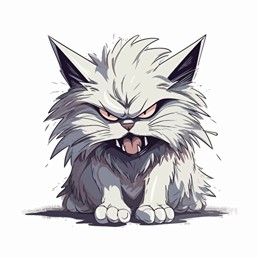 a snarky maine coon kitten snarling, adorable, vector art, white background, in the style of gorillaz