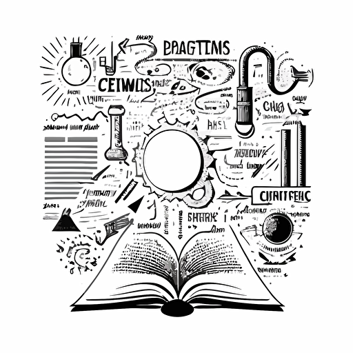 create a vector doodle illustration of research paper, black and white, white background