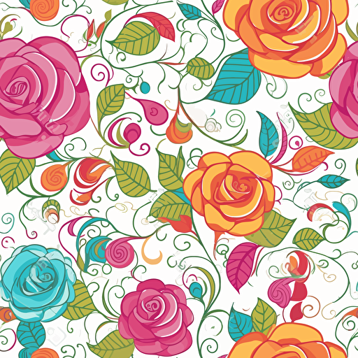 cute cartoon roses, floral elements, curl, white background, all elements are separated + bright colors + vector pattern