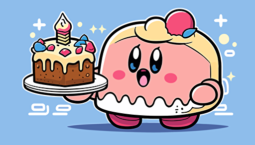kirby holding a birthday cake, vector art, flat backgound,