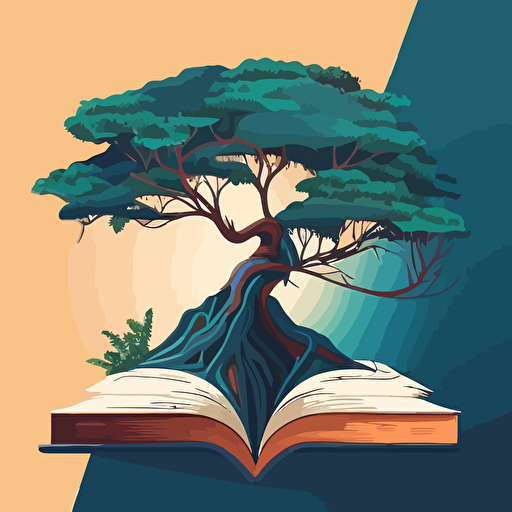 a dream-like tree growing out of a book, illustration style, low angle, flat art, vector