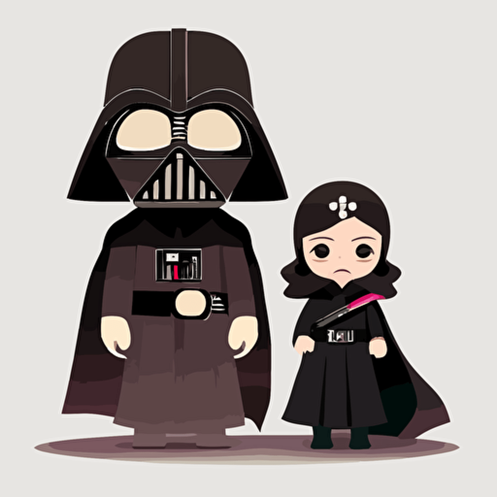 A beautiful female anime darth vader style with his son, goofy looking, smiling, minimalistic, flat light, white background, vector art, pixar style