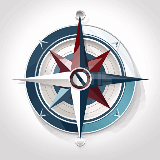 Design of professional logo featuring a abstract compass clipart in stainless steel a white background. Include curves as an additional design element. vector style . Blue white and red