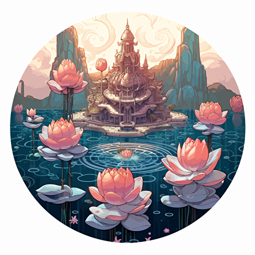 round up design with digital illustration of lotus flowers, magic world inspired by Studio Ghibli, vector illustration, intricate details, unreal engine, extremely high detailing, sharp, white background