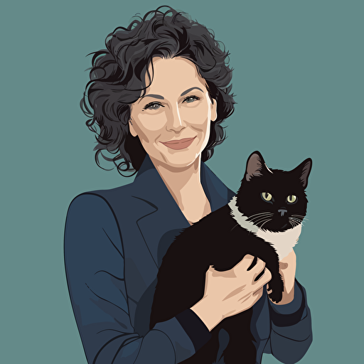 vector art style, 52 year old white female exec, short dark curly hair, holding a cat, in the style of Michael Parks