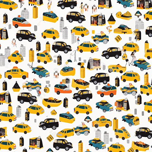 On a white background lots of small taxis New York flat vector illustration cartoon patterns