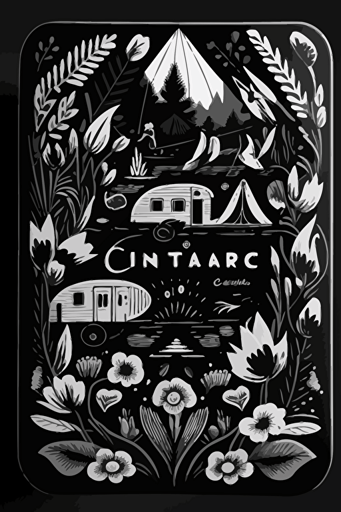 A card back, in the style of Floral featuring Campers Camping, black and white. The card back should have a unique design, with elements of fluidity and movement, Flat with no shadow, no script, horizontal symmetry, while still maintaining a cohesive and symmetrical look and feel throughout the deck. The overall design should evoke a sense of nature and the outdoors, tranquility, The final product should be high-quality, vector artwork, suitable for printing on the backs of standard playing cards.