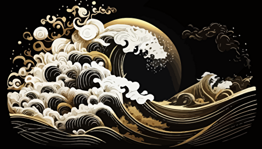 Ocean wave and cloud , Vector, Cool color pallette | Gold | white | black, Style of Thai traditional art.