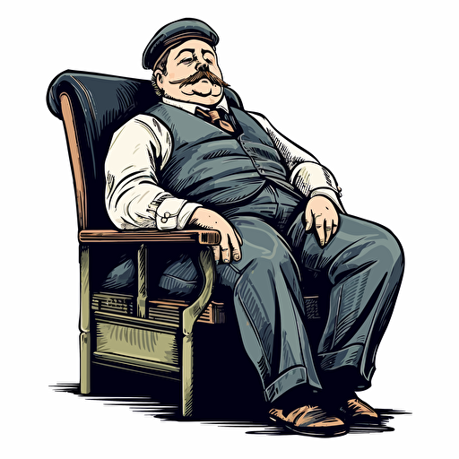 a chubby middle-aged train conductor has fallen fast asleep, snoring loudly, sitting, bushy mustache, balding, suit and tie, as a detailed vector image