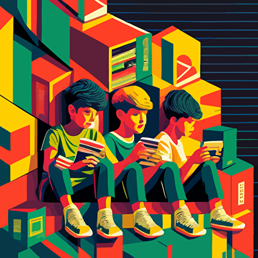 3 young, in the ´90, sitting on a couch, eating noodles from fast food chinese boxes. The walls have posters of rock bands. There is a shelf with stacked records. vectorial art geometric, similar Tom Whalen
