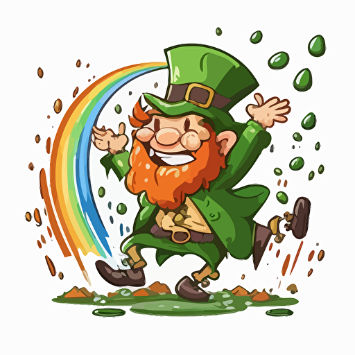 funny Leprechaun making it rain money, vector logo, vector art, 2d, cartoon, white background