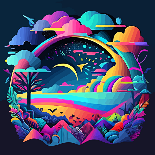 As you woke up, you are in a different world, surrounded by colors, shapes. The overall feeling is good and happy, but a bit trippy. It should be a vector design