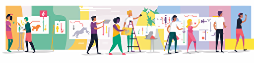 people drawing a roadmap on a long canvas on background, roadmap preseted with post-it and milestones, people with different kinds of skin and hair and gender, fun start-up, colorful vector illustration for slide presentation, flat color palette, true white background