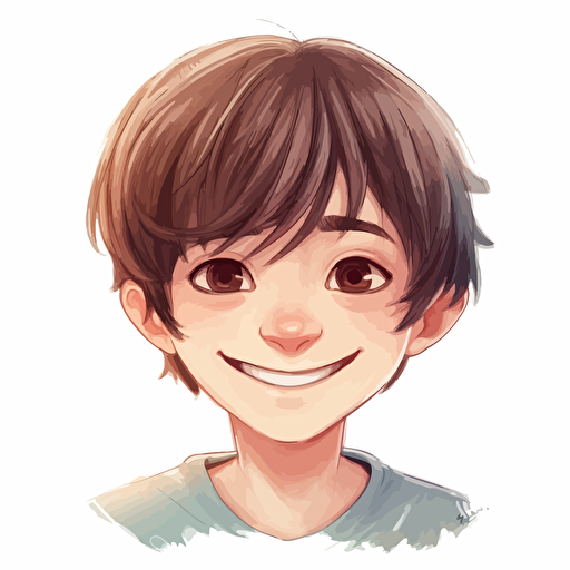 White background, color Pencil sketch by Leng Junm, head, big eyes, vector of a cute happy, a boy::2, smile,