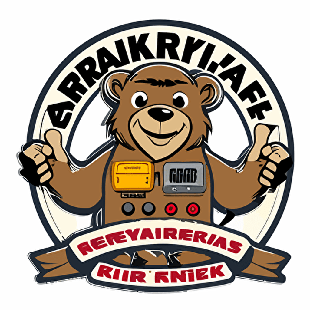 Logotype friendly electrician bear using multimeter, with text: "Rymarks Elektriska", white background, vector style