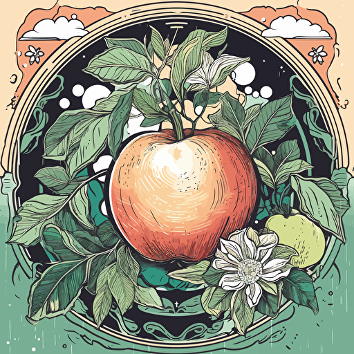 open apple illustration with framed botanical ornaments simplified illustration with a shinning sun using the illustrator illustration styles, vectorized, moder pantone colorful pallet