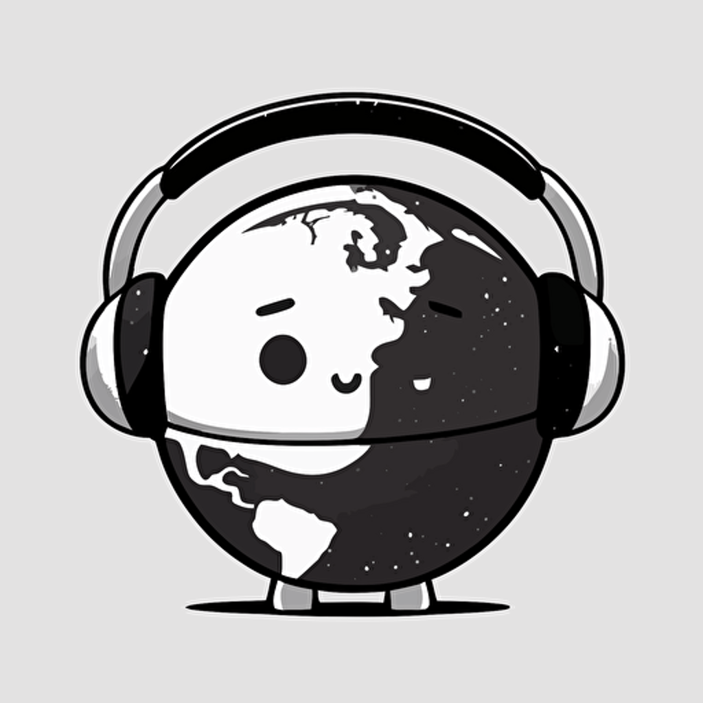 speaker shaped like earth wearing headphones , twitch emote style , black and white vector