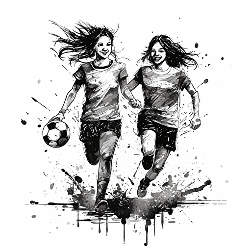 Vector illustration, black ink of two beautiful happy 9 years old girls playing soccer with white background