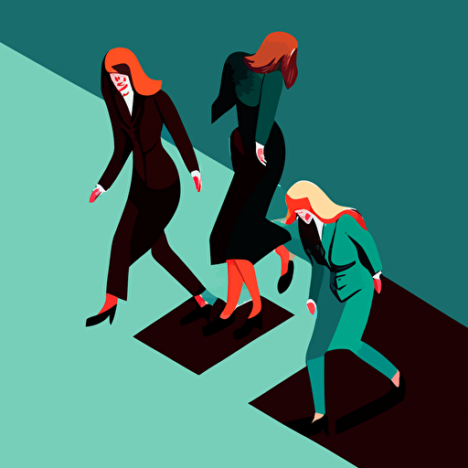 Four women in business suits climbing carpet floor, vector illustration