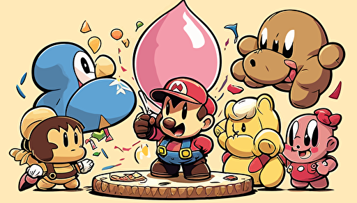 super smash bros charcters Mario, Kirby, pikachu, donky kong, link, around a birthday cake, with balloons, vector art, flat background