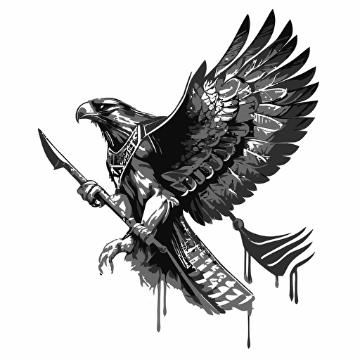 black and white vector art, flying hawk with tomahawk