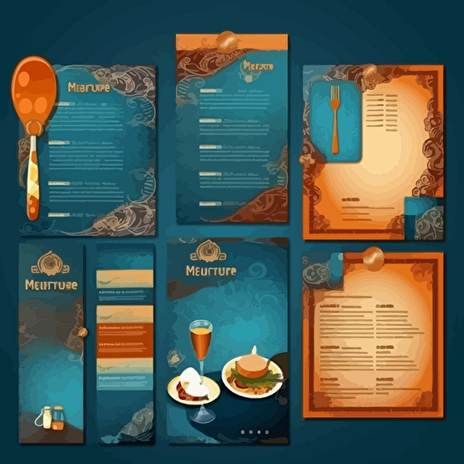 Restaurant, Latin Caribbean Food menu designs, [blue, brown, orange, and gold color scheme here]::3 modern, clean, design, vector, items, food, RTX