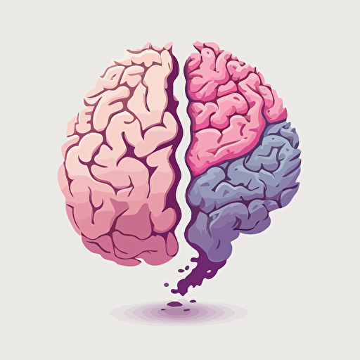 a brain in 2 halves, vector art, white background, pink grey, pastel colors, cartoon style, detailed,