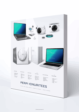 Electronics product flyer cover page, flat vector design, white background, four main products on display, large heading at top, modern, minimalist, corporate