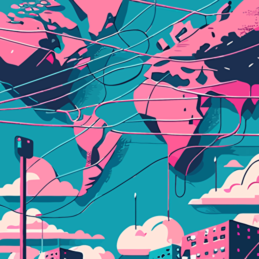 flat vector, world on wires, pink and blue