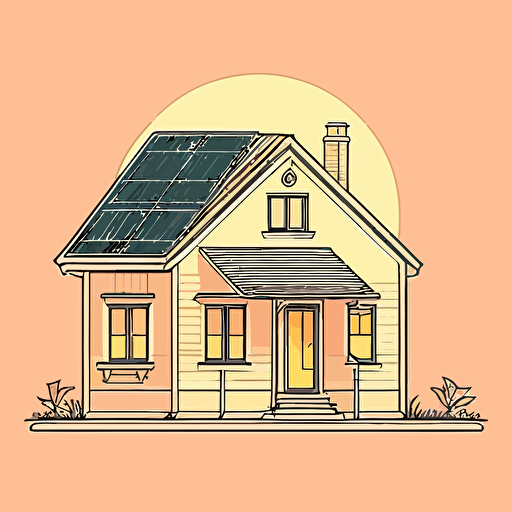 minimalist line drawing vector sticker, small house with solar panels during sunset