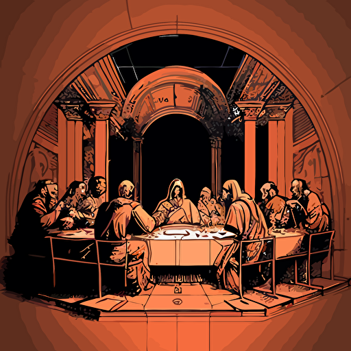 Drawing from Leonardo da Vinci's "The Last Supper," design a vector illustration of a modern-day dinner party where Satoshi Nakamoto is the host, engaging in conversation with notable figures from the world of technology and finance. Set the scene in an elegant dining room.