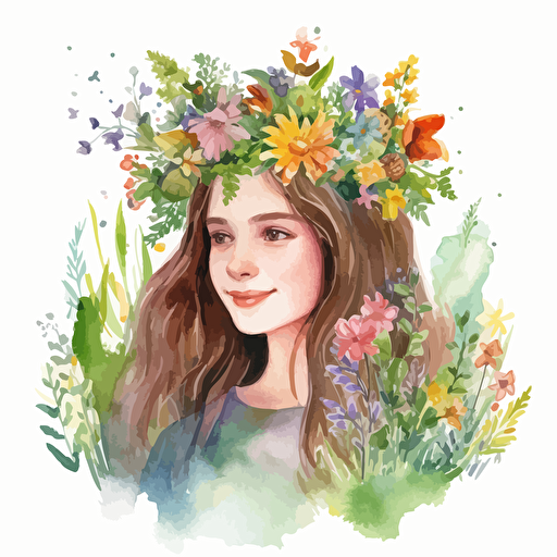 young girl wearing a beautiful crown made of spring flowers in a meadow, detailed, cartoon style, 2d watercolor clipart vector, creative and imaginative, hd, white background