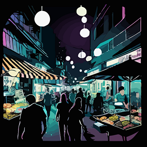 vector art colorful, taiwanese night market inside shilouette of galaxy