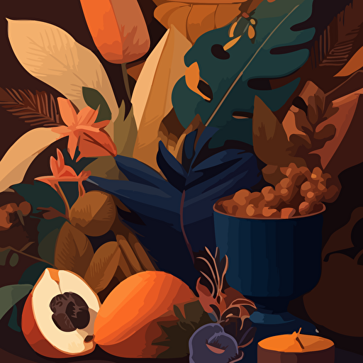 wallpaper design, tropical plants flowers and latin Food, [blue, orange, brown, and gold colo scheme here]::3 modern, clean, design, vector, items, food, RTX,