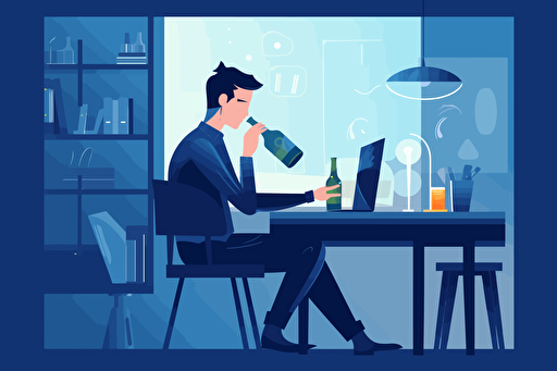 Person in an office drinking alcohol, flat style illustration for business ideas, flat design vector, industrial, light and magical, high resolution, entrepreneur, colored cartoon style, light indigo and dark indigo, cad( computer aided design) , white background