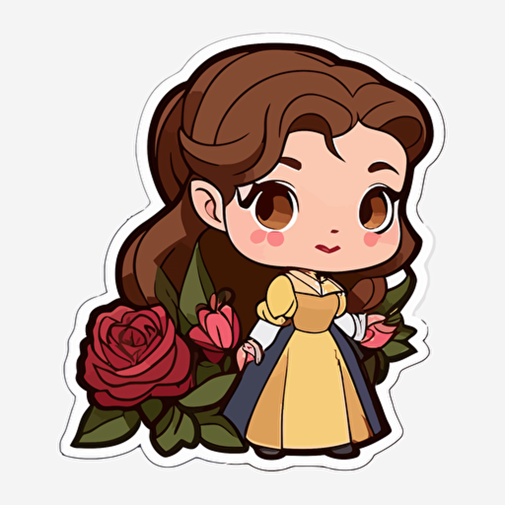 chibi Disney, princess belle from beauty and the beast with roses sticker design with transparent background vector file