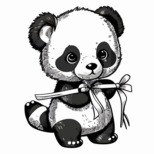 A vectorized image of a baby panda holding a streamer in black and white.