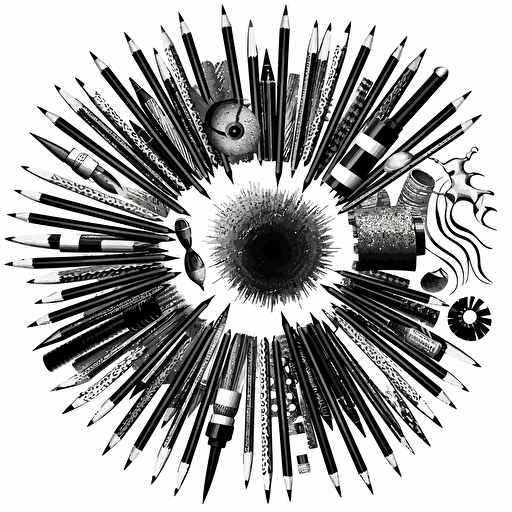 a black and white clipart of pencils and brushes, inscribed ina circle, vector, on white background