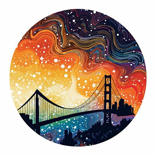 colorful vector art, san francisco shilouette in a galaxy, swirl patterns, white background